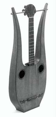 Modelo de guitarra-harpa, em forma de lira, feito pelo luthier François Breton, cerca de 1800. Notar a utilização de 6 cordas e a escala parecida com o violão tradicional. Fonte: A História da Guitarra - Parte 1: do Alaúde ao Violão  